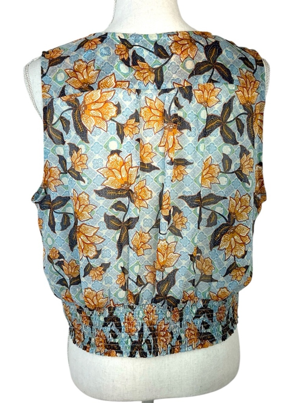 Rachel Zoe Cropped Top Faux Wrap Sleeveless V neck Mustard Blue Large - Picture 3 of 16